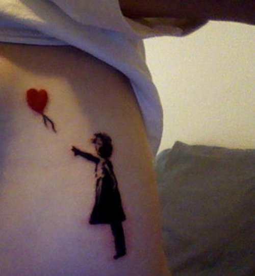 Small Red Heart Balloon Tattoo On Left Side Rib