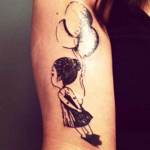 Girl With Balloons Tattoo On Upper Arm