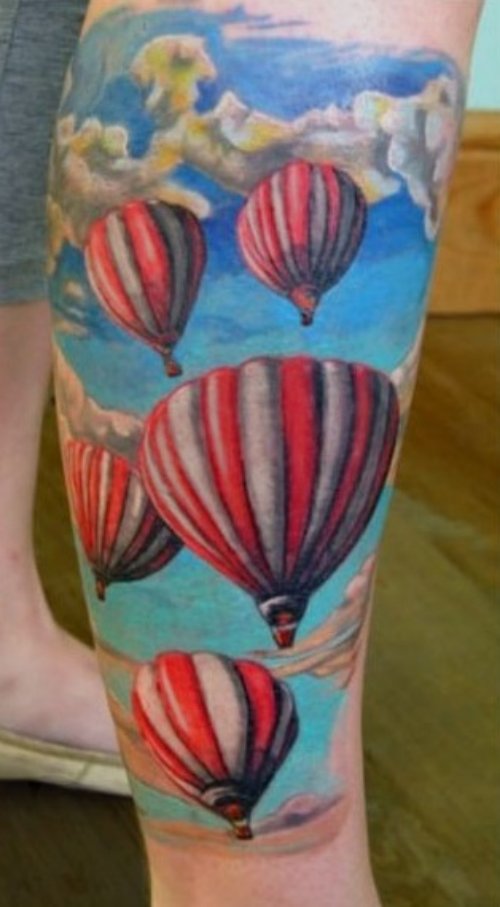 Realistic Colored Parachute Air Balloon Tattoos On Leg