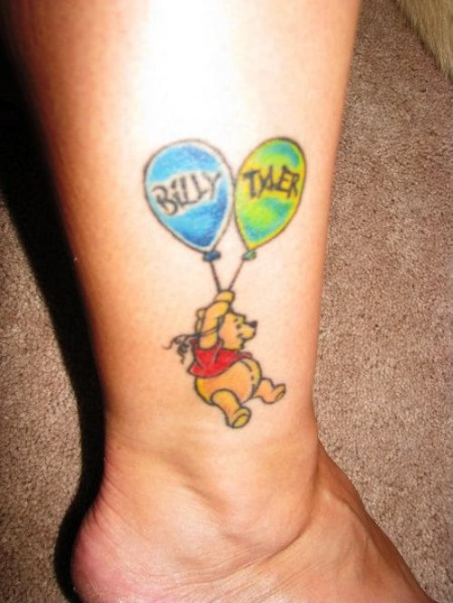 Winnie Pooh Flying With balloons Tattoo On Ankle