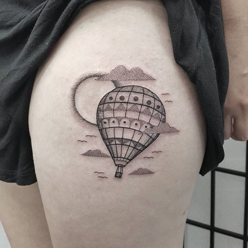 Dot work Hot Air Balloon Tattoo On Thigh