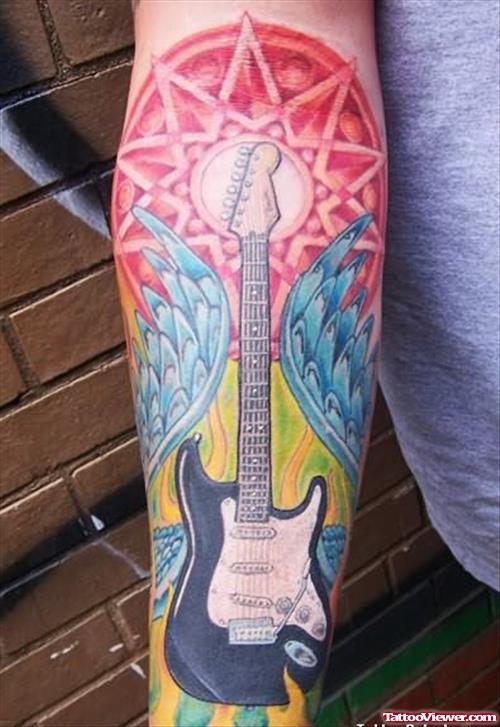 Angel Wings And Guitar Band Tattoo