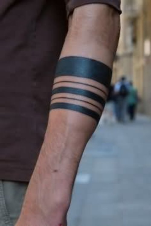 Left Sleeve Black Ink Arm Band Tattoo
