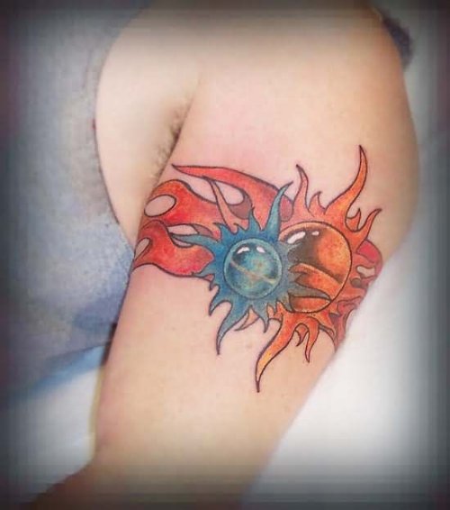 Left Bicep Tribal Sun and Moon Muscles Band Tattoo
