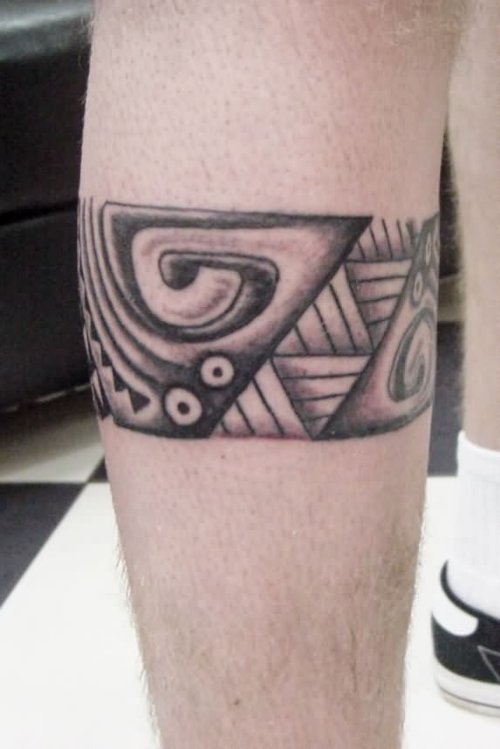Grey Ink Arm Band Tattoo On Right Leg