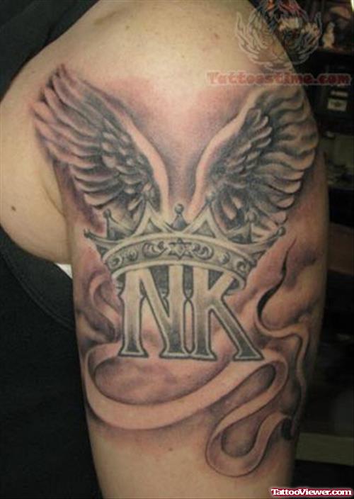 Crown And Banner Tattoo On Shoulder