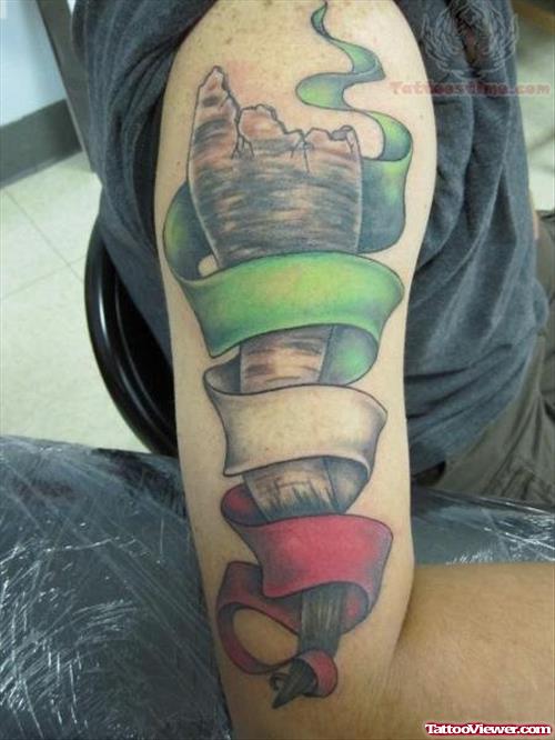 Color Ink Banner Tattoo On Biceps