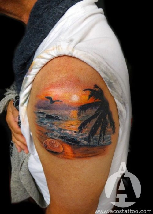 Beach Tattoo On Man Left Shoulder
