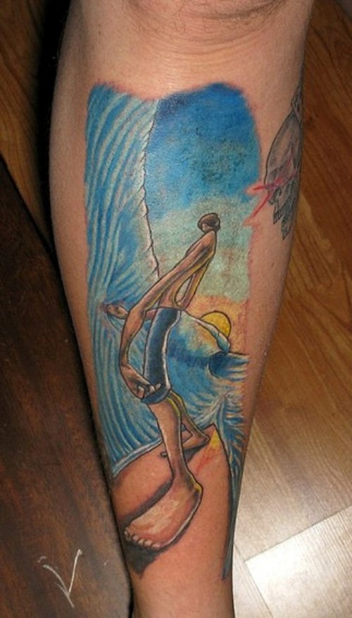 Blue Ink Beach Tattoo On Leg