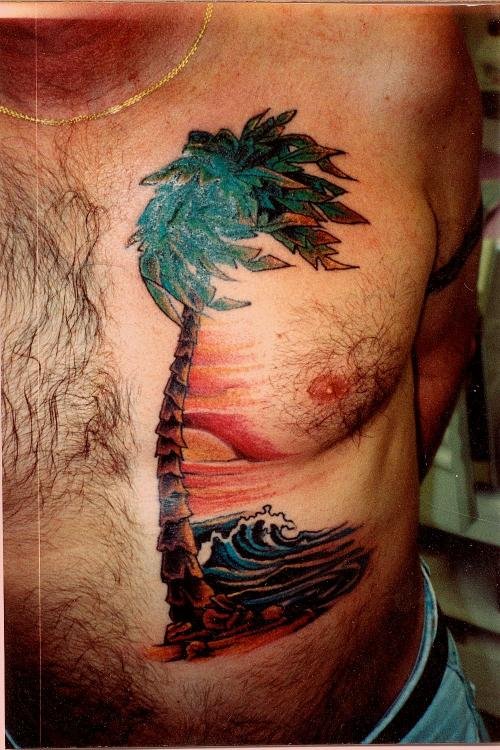 Palm Tree Beach Tattoo On Man Chest