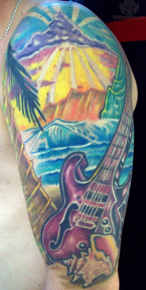 Colored Guitar And Beach Tattoo On Man Left Half Sleeve