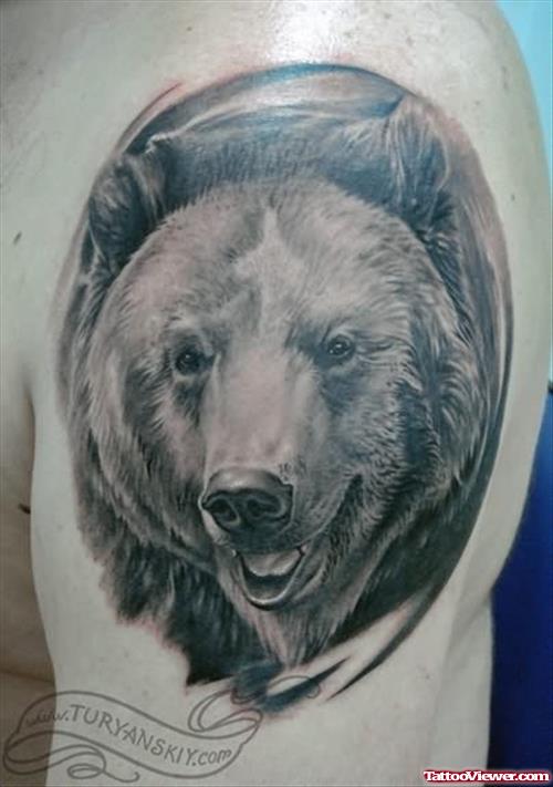 Black Bear Face Tattoo On Shoulder