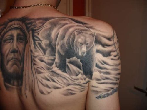 Bear World Tattoo On Arm And Back