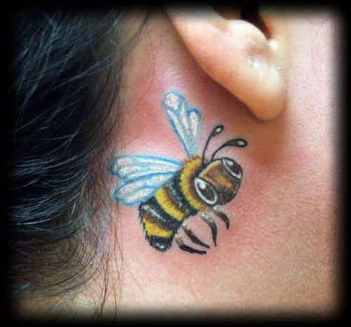 Behind Ear Bee Tattoo