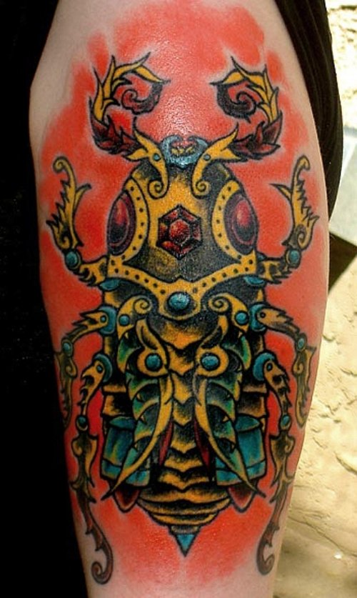 Awesome Colored Beetle Tattoo On Half Sleeve