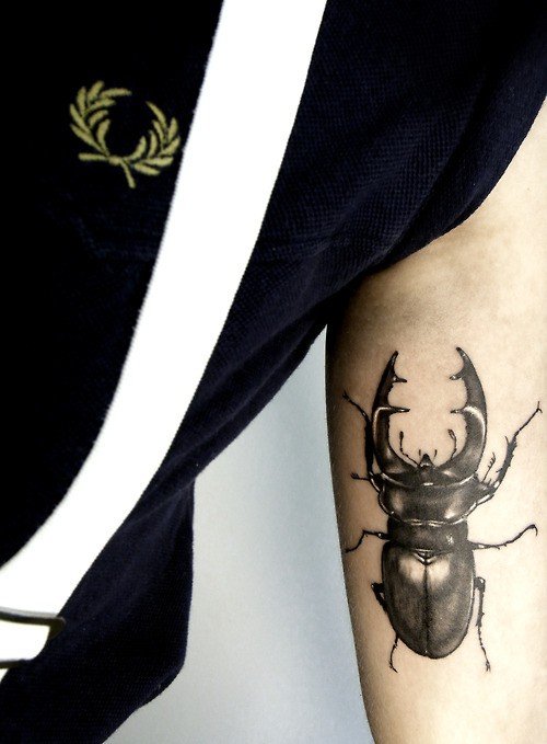 Awesome Grey Ink Beetle Tattoo On Inner Bicep