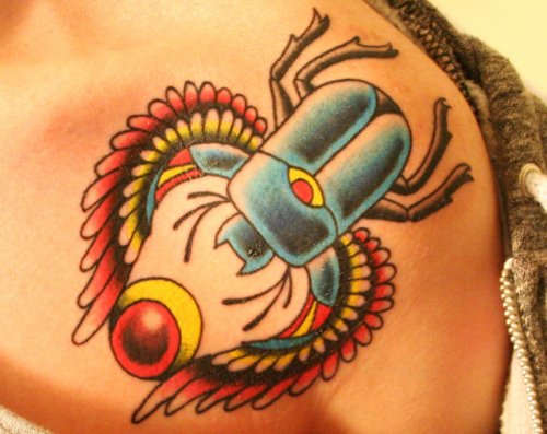 Colored Beetle Tattoo On Left Shoulder