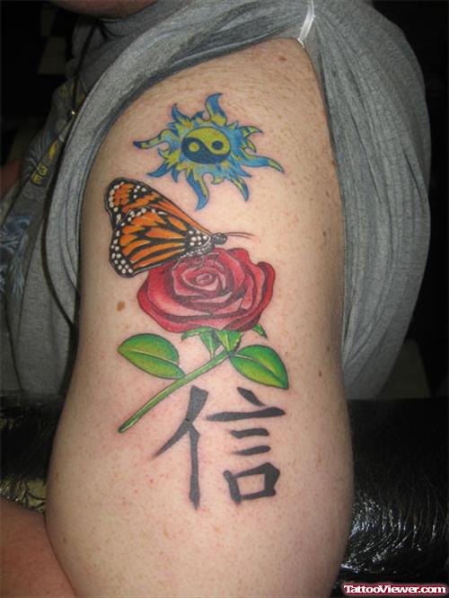 Rose And Chinese Symbol Tattoo On Biceps