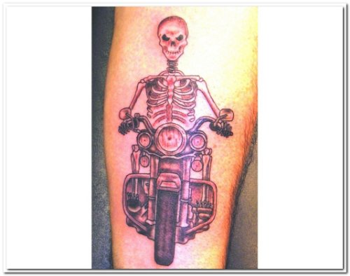 Skelton Riding Bike Tattoo On Sleeve