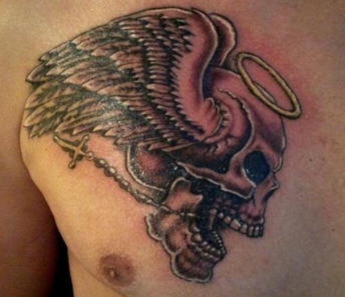 Angel Winged Skull Biker Tattoo on Man Chest