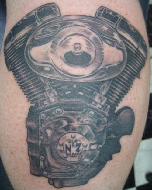 Grey Ink Harley Biker Engine Tattoo