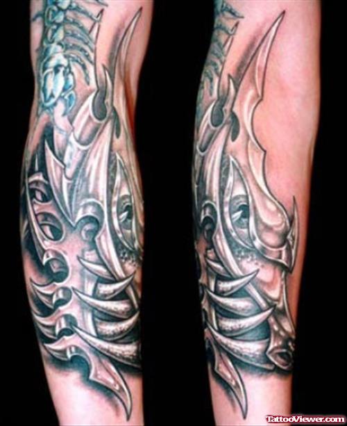 Inspiring Grey Ink Biomechanical Tattoo On Sleeve