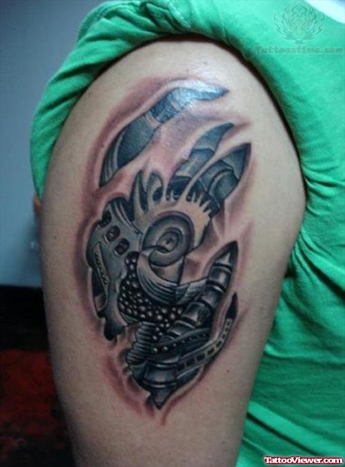 Grey Ink Biomechanical Tattoo On Right Shoulder