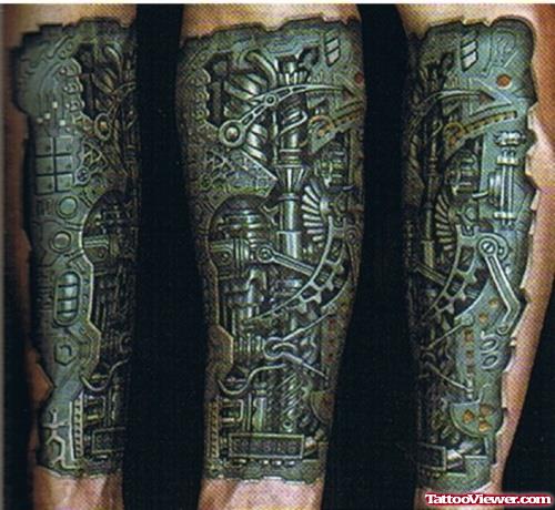 Grey Ink Biomechanical Tattoo On Arm