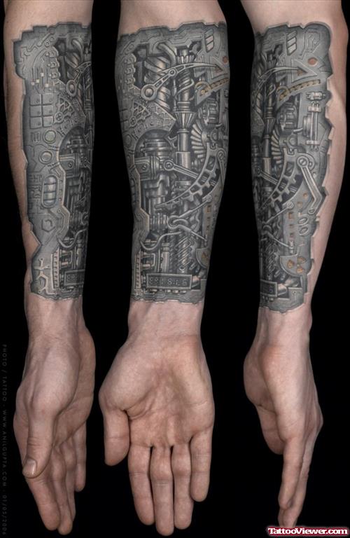 Grey Ink Biomechanical Fore Arm Tattoo