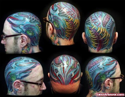 Colored Biomechanical Tattoos On Heads
