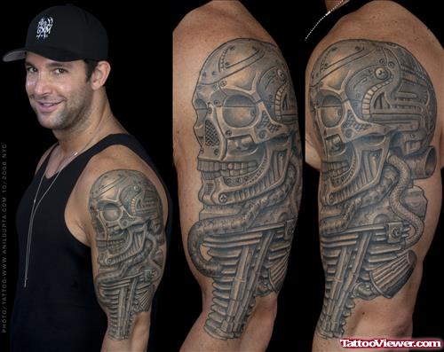 Biomechanical Skull Grey Ink Tattoo On Left Half Sleeve