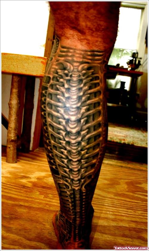 Biomechanical Grey Ink Back Leg Tattoo
