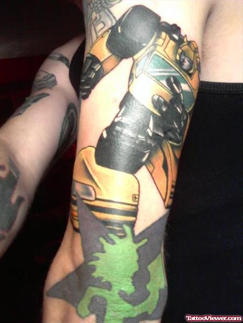 Attractive Colored Biomechanical Tattoo On Sleeve
