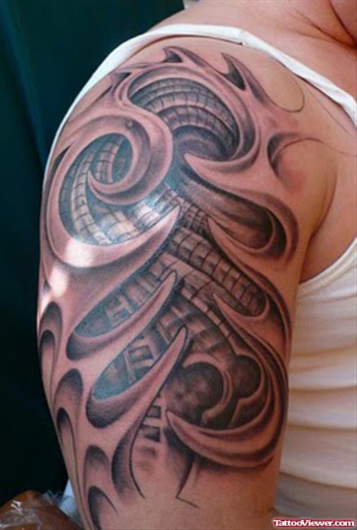 Tribal Biomechanical Tattoo On Half Sleeve