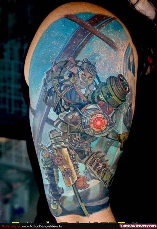 Military Biomechanical Colored Tattoo On Half Sleeve