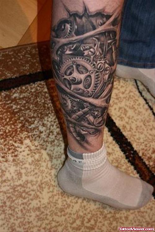 Grey Ink Biomechanical Tattoo On Right Leg