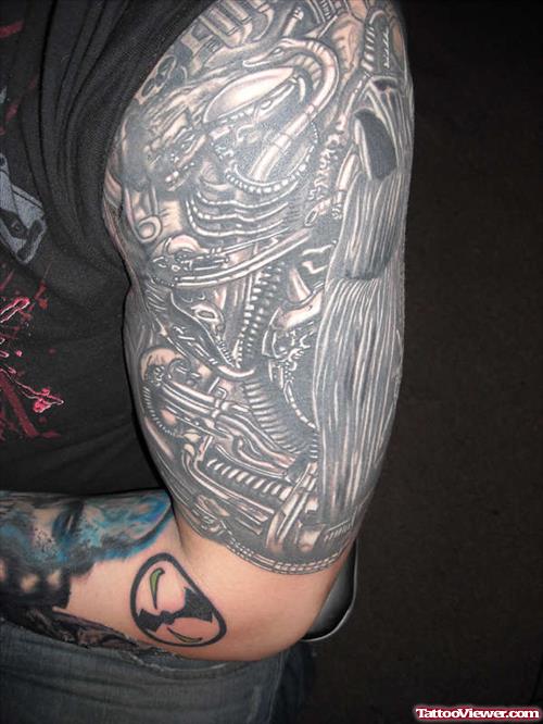 Grey Ink Biomechanical Half Sleeve Tattoo