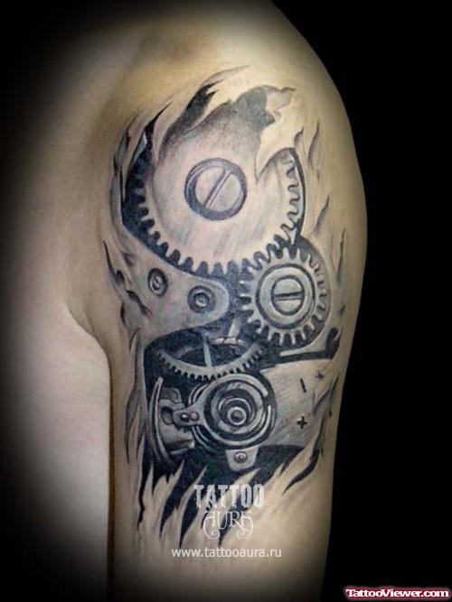 Good Grey Ink Biomechanical Tattoo On Left Half Sleeve