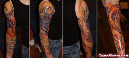 Colored Ink Man Sleeve Biomechanical Tattoo
