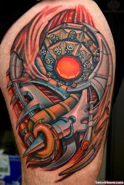 Colored Ink Biomechanical Tattoo On Shoulder