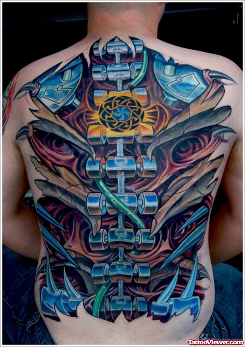 Colored Biomechanical Tattoo On Man Back Body