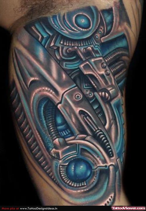 Blue Ink Biomechanical Tattoo On Half SLeeve