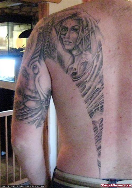 Best Back Body Grey Ink Biomechanical Tattoo