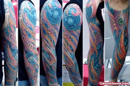 Colored Biomechanical Tattoo On Sleeve For Men