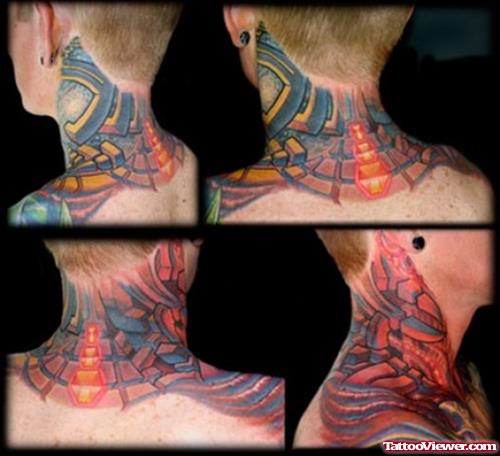 Colored Biomechanical Tattoo On Neck