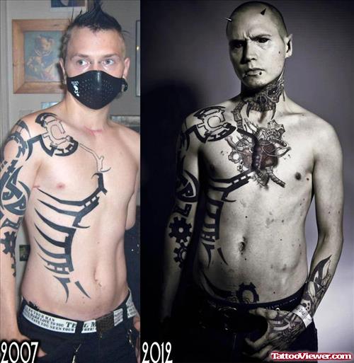 Biomechanical Tattoo On Man Body And Sleeve