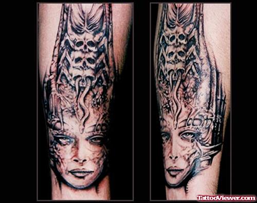 Biomechanical Girl Head Grey Ink Tattoo On Arm