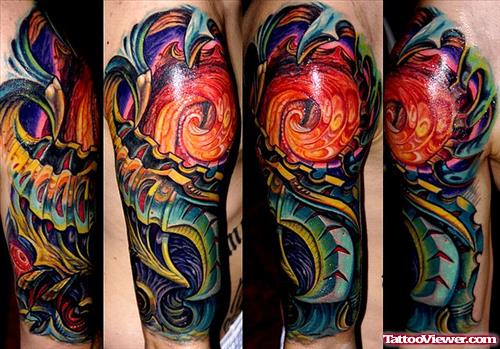 Awesome Colored Biomechanical Tattoo