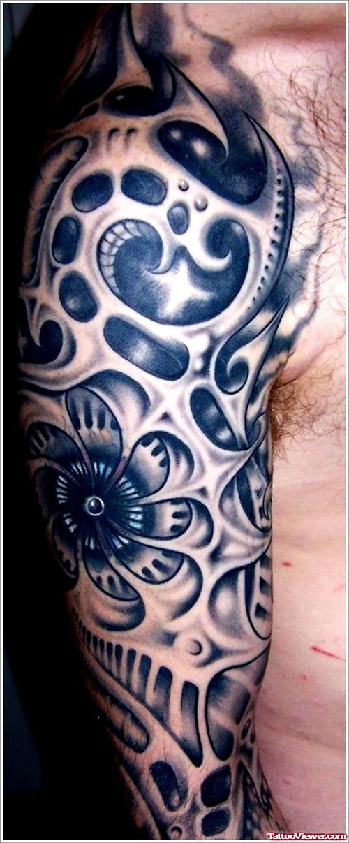 Grey Ink Half Sleeve Biomechanical Tattoo