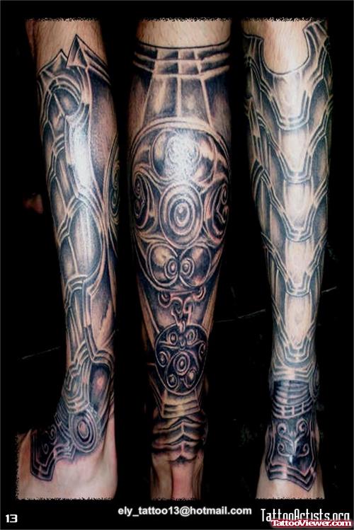 Grey Ink Biomechanical Tattoos On Legs